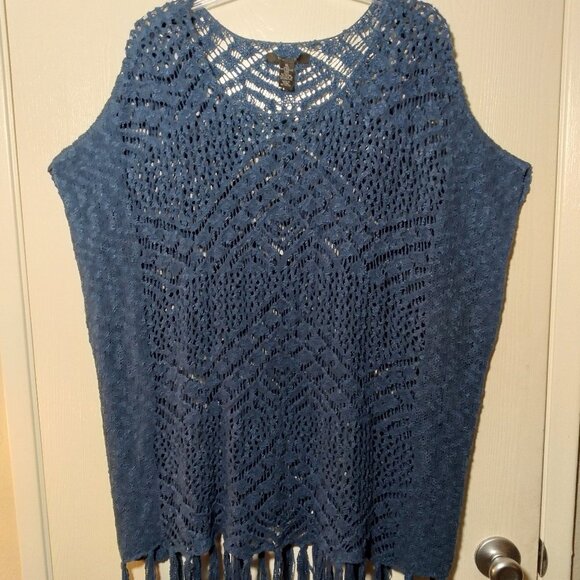 Poncho Style Crochet Sweater with Fringe Detail- Color: Denim Blue Size: XL - Picture 1 of 11